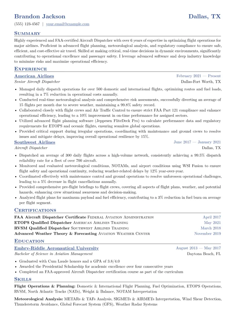 Aircraft Dispatcher Resume Example CV template preview