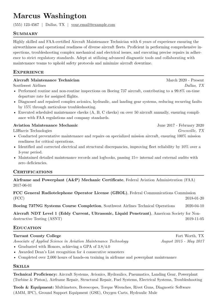 Aircraft Maintenance Technician Resume Example CV template preview