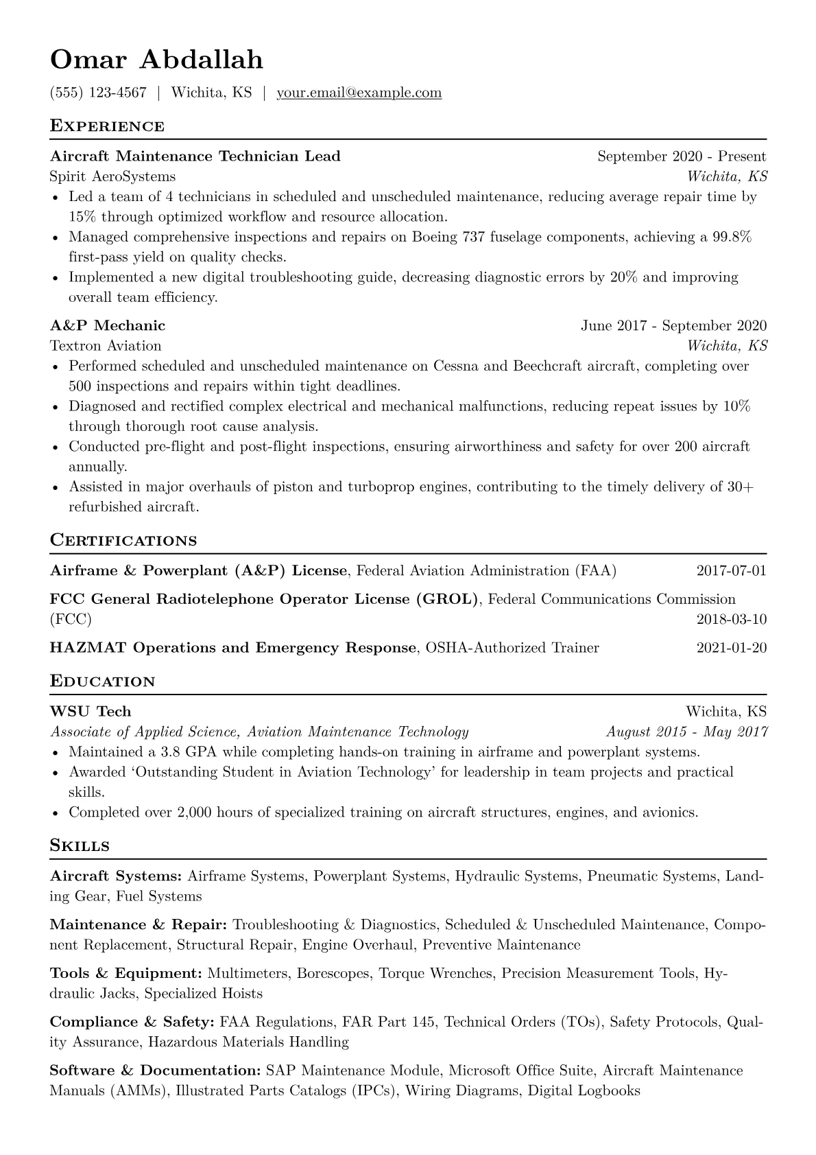 Aircraft Mechanic Resume Example CV template - Page 1