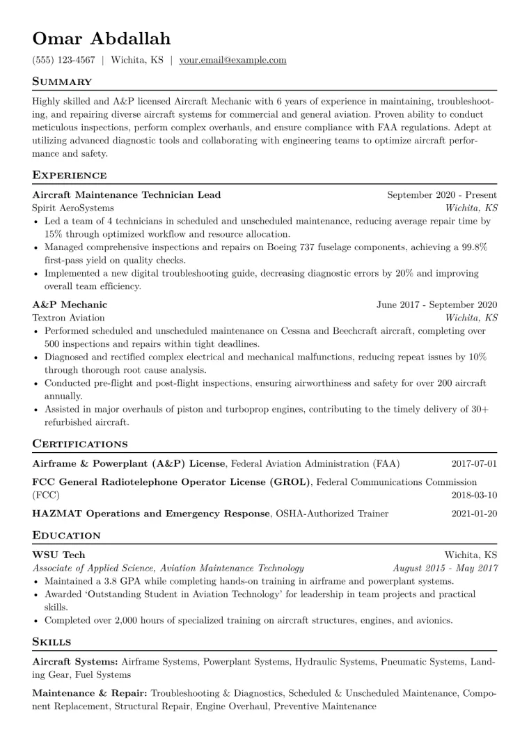 Aircraft Mechanic Resume Example CV template preview