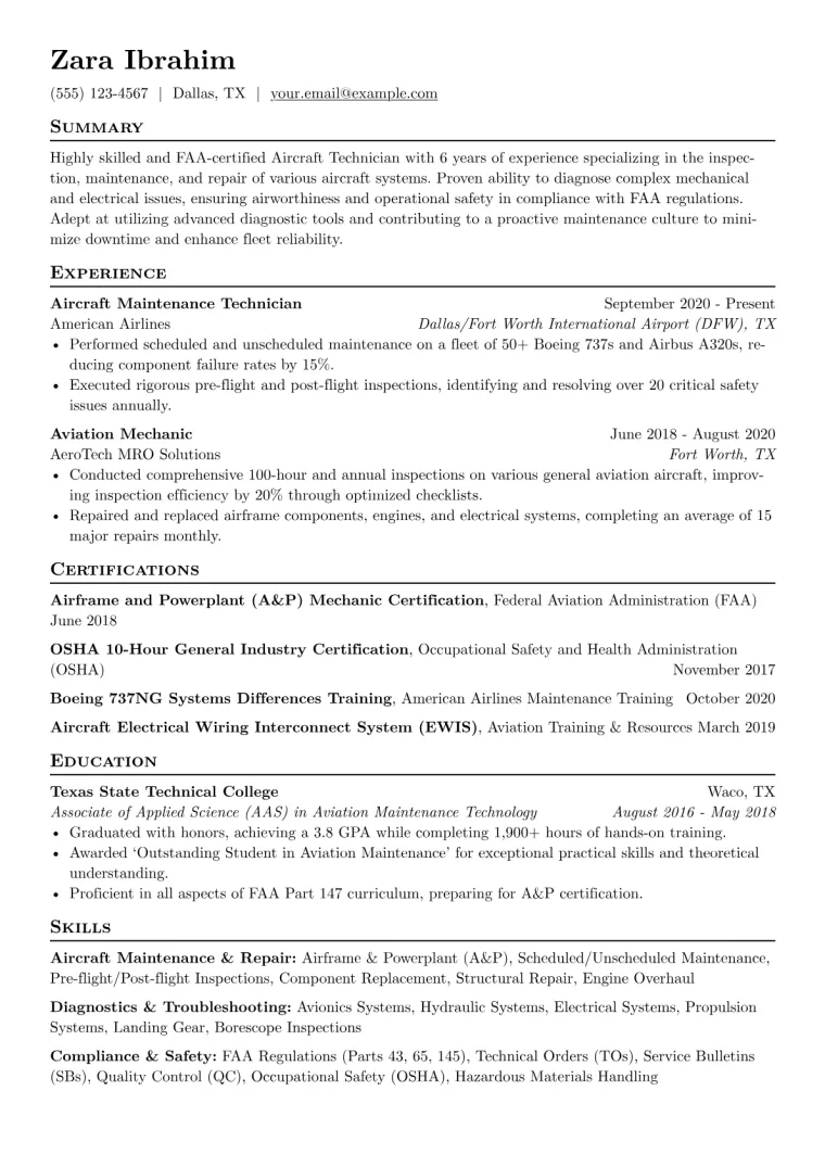 Aircraft Technician Resume Example CV template preview