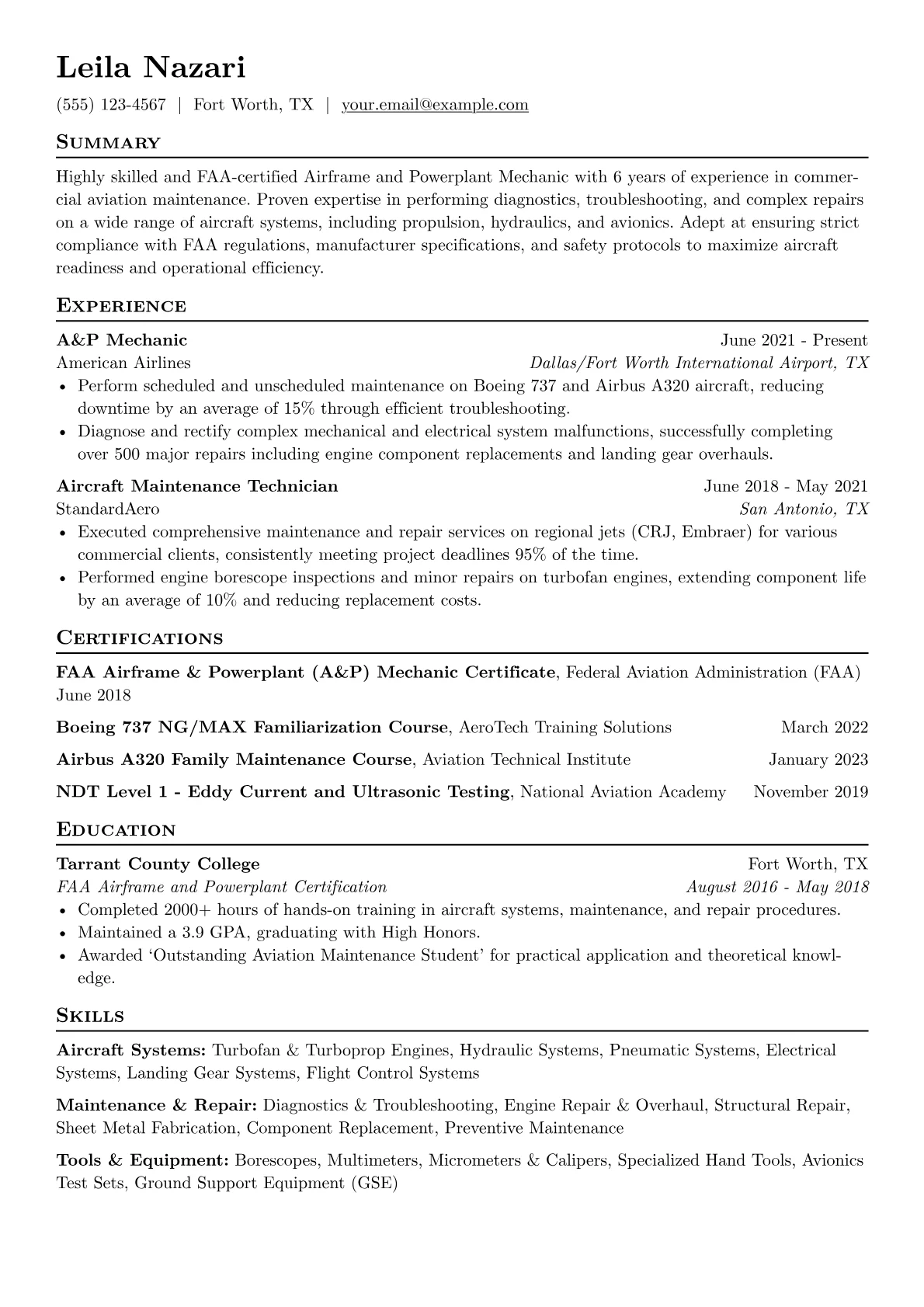 Airframe and Powerplant Mechanic Resume Example CV template - Page 1