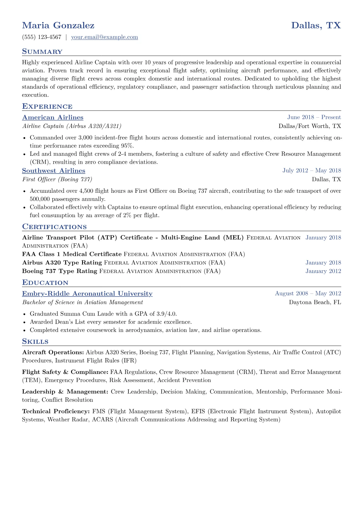 Airline Captain Resume Example CV template - Page 1