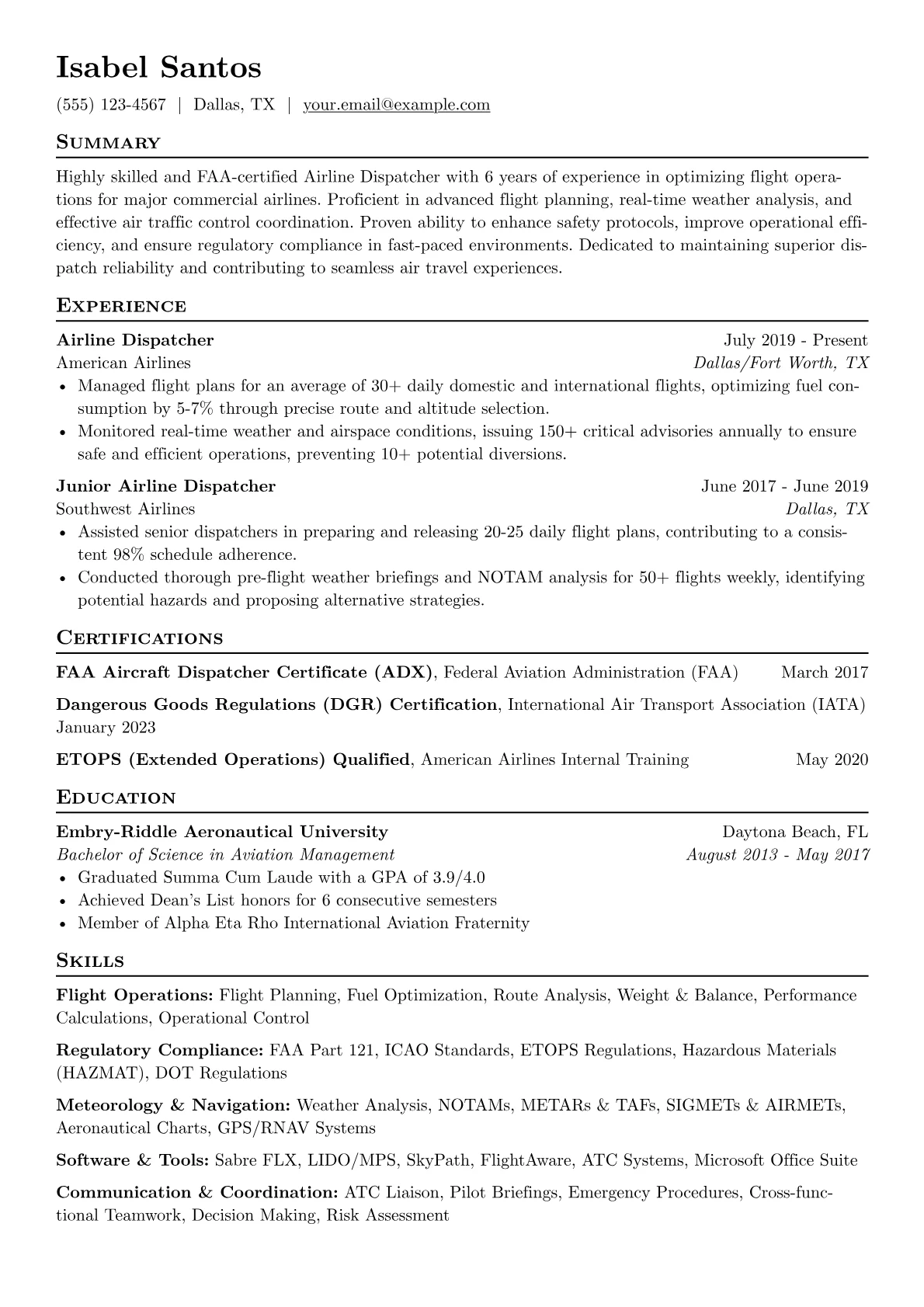 Airline Dispatcher Resume Example CV template - Page 1