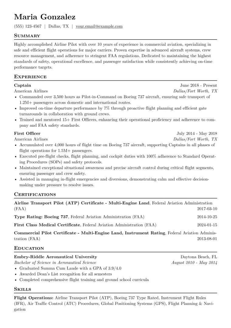 Airline Pilot Resume Example CV template preview