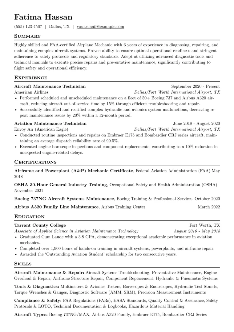 Airplane Mechanic Resume Example CV template preview