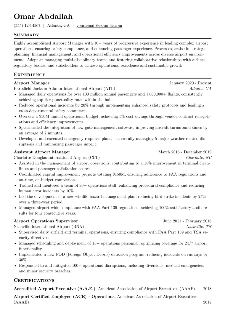 Airport Manager Resume Example CV template preview