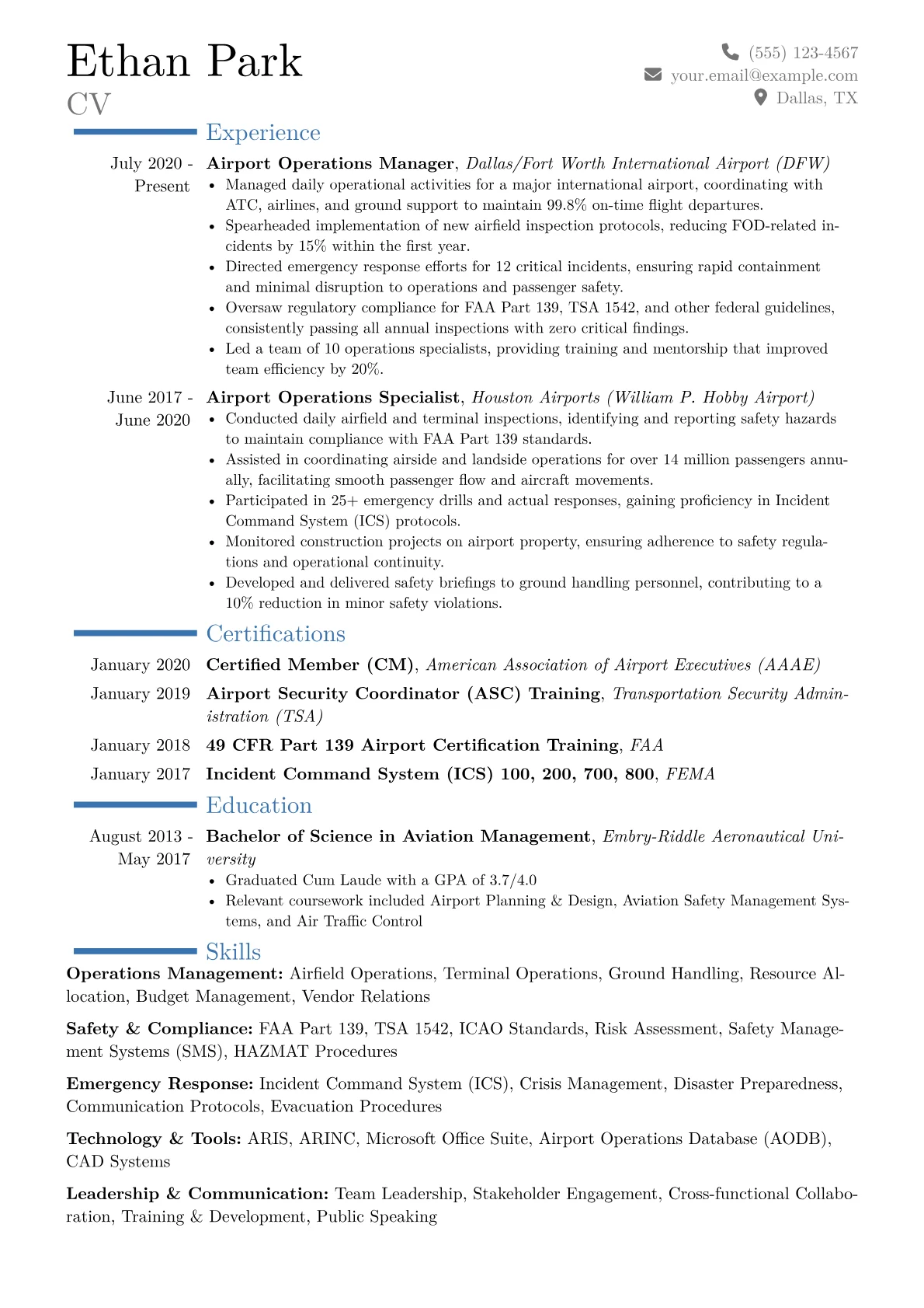Airport Operations Manager Resume Example CV template - Page 1