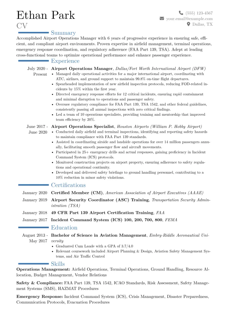 Airport Operations Manager Resume Example CV template preview