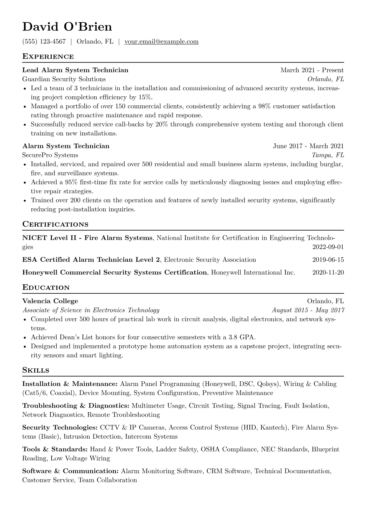 Alarm System Technician Resume Example CV template - Page 1