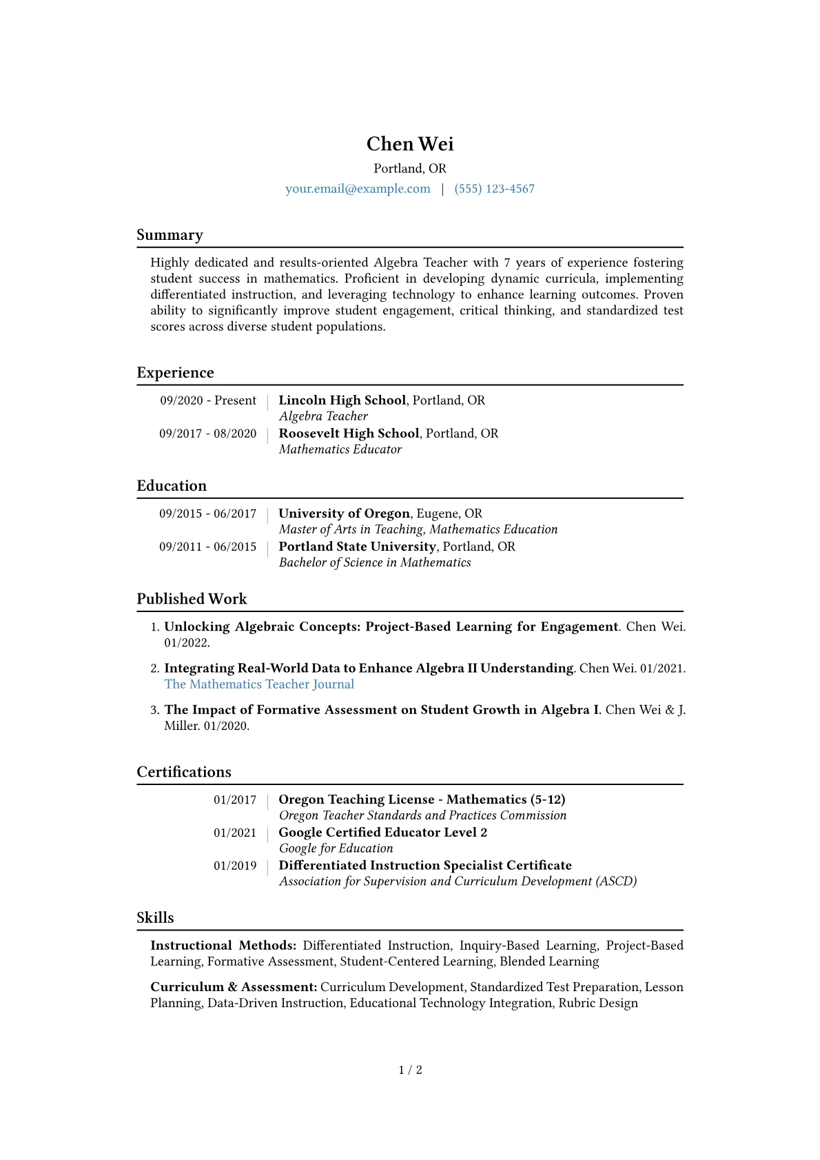 Algebra Teacher Resume Example CV template - Page 1