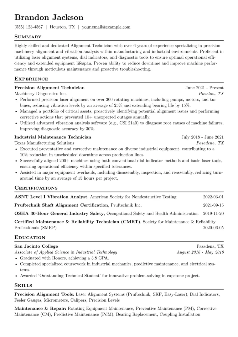 Alignment Technician Resume Example CV template preview