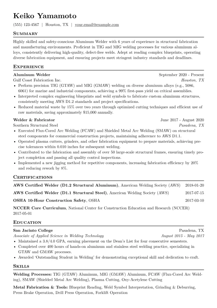 Aluminum Welder Resume Example CV template preview