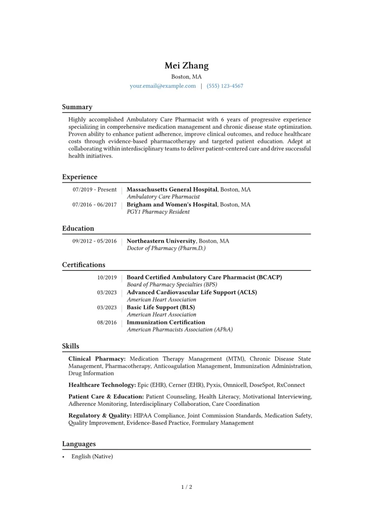 Ambulatory Care Pharmacist Resume Example CV template preview
