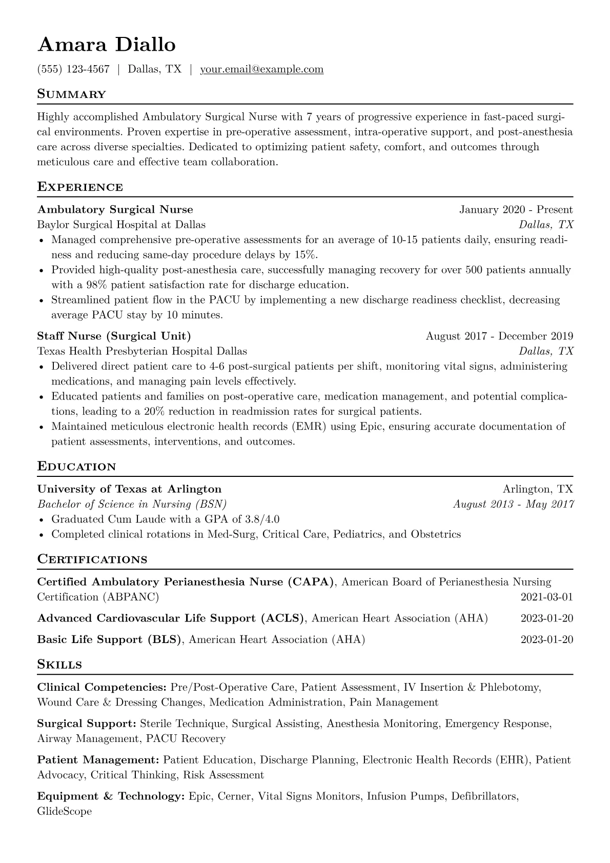 Ambulatory Surgical Nurse Resume Example CV template - Page 1