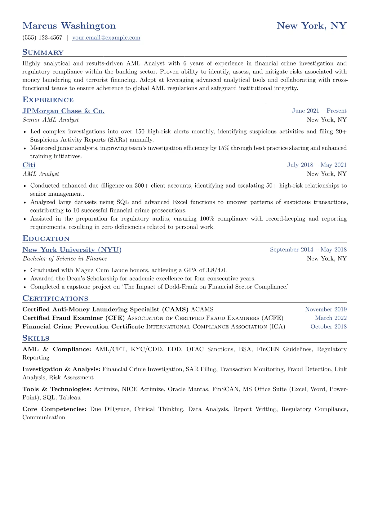 AML Analyst Resume Example CV template - Page 1