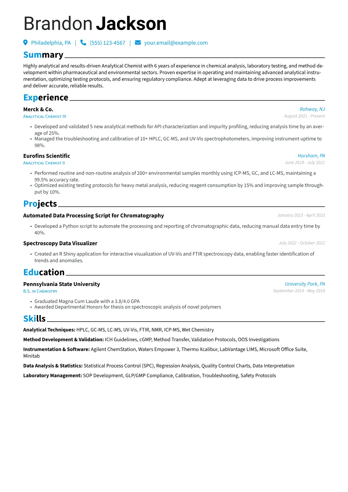 Analytical Chemist Resume Example CV template - Page 1