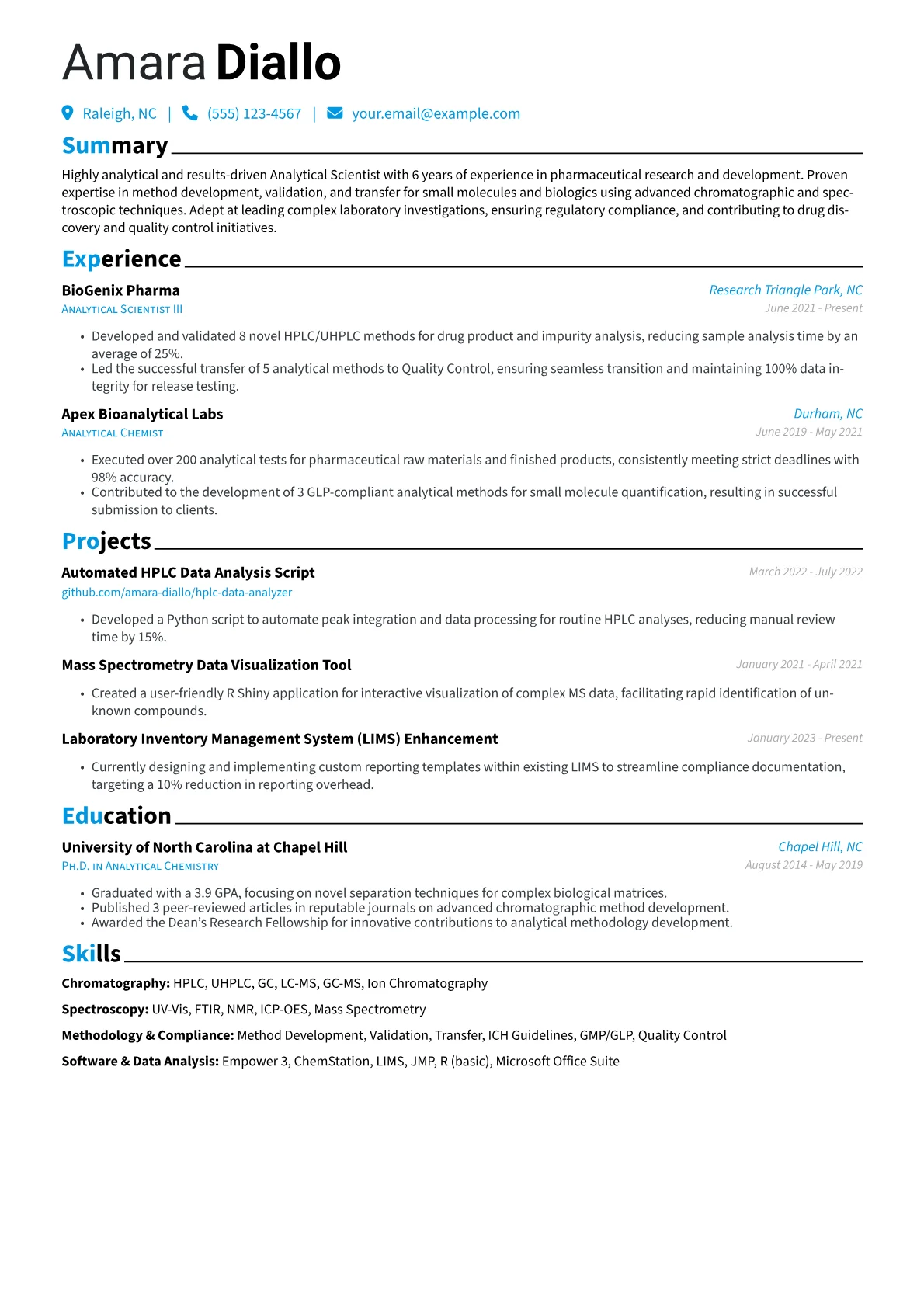 Analytical Scientist Resume Example CV template - Page 1