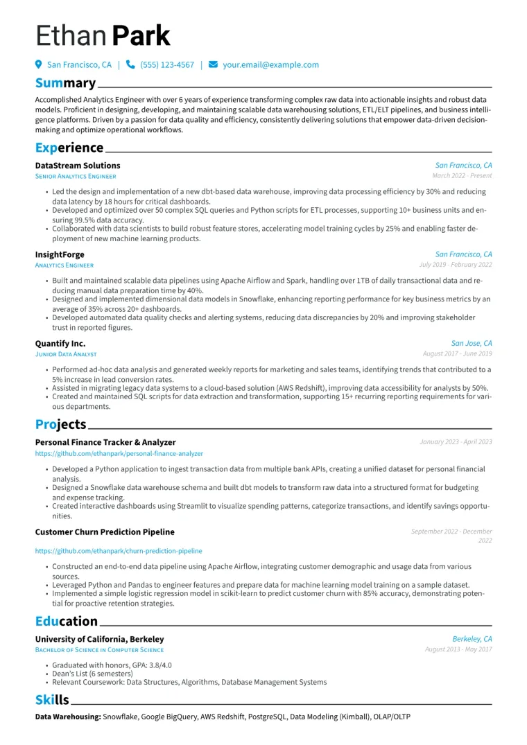 Analytics Engineer Resume Example CV template preview