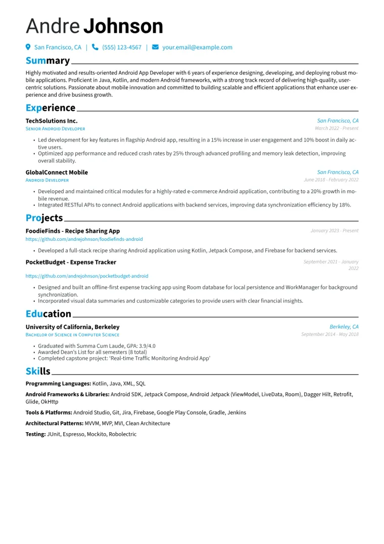 Android App Developer Resume Example CV template preview