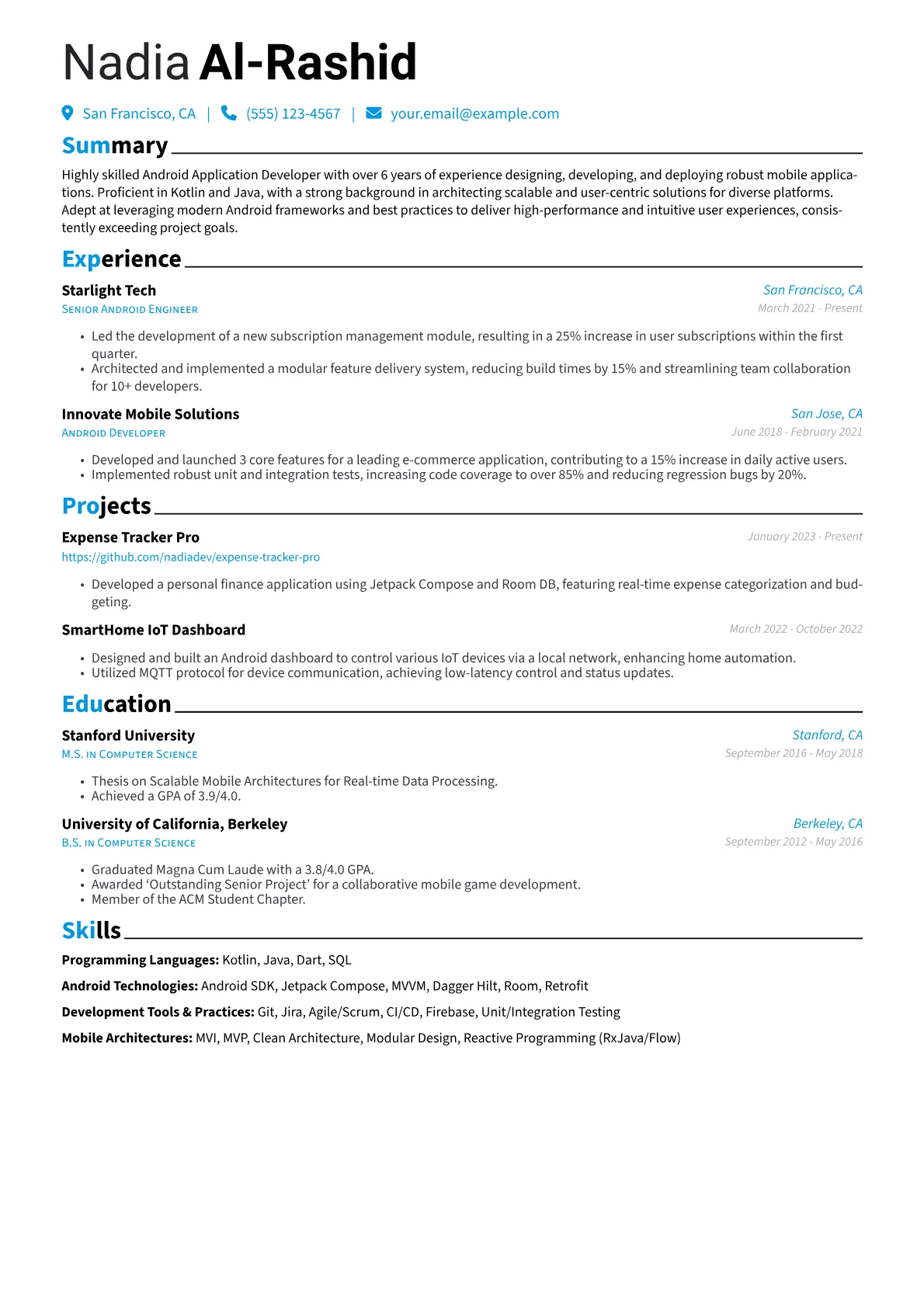 Android Application Developer Resume Example CV template - Page 1