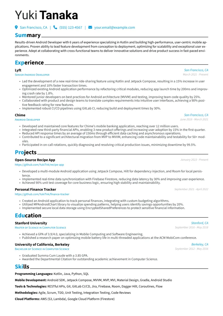 Android Developer Resume Example CV template preview