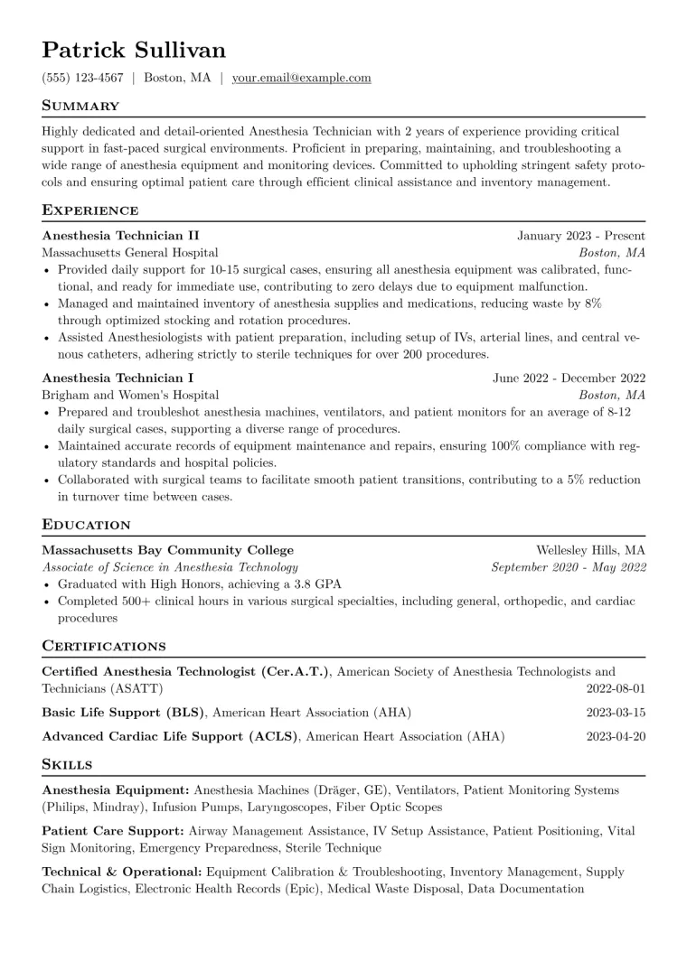 Anesthesia Technician Resume Example