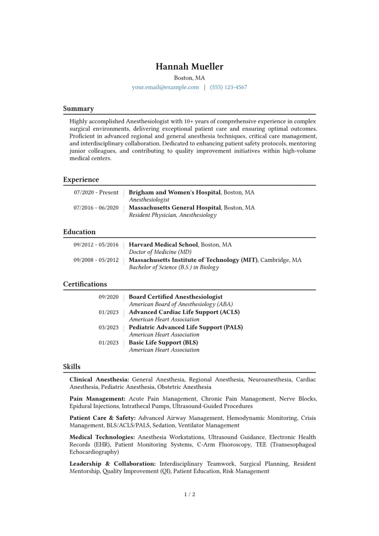 Anesthesiologist Resume Example CV template preview