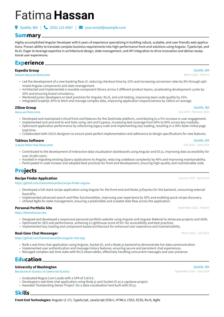 Angular Developer Resume Example CV template preview
