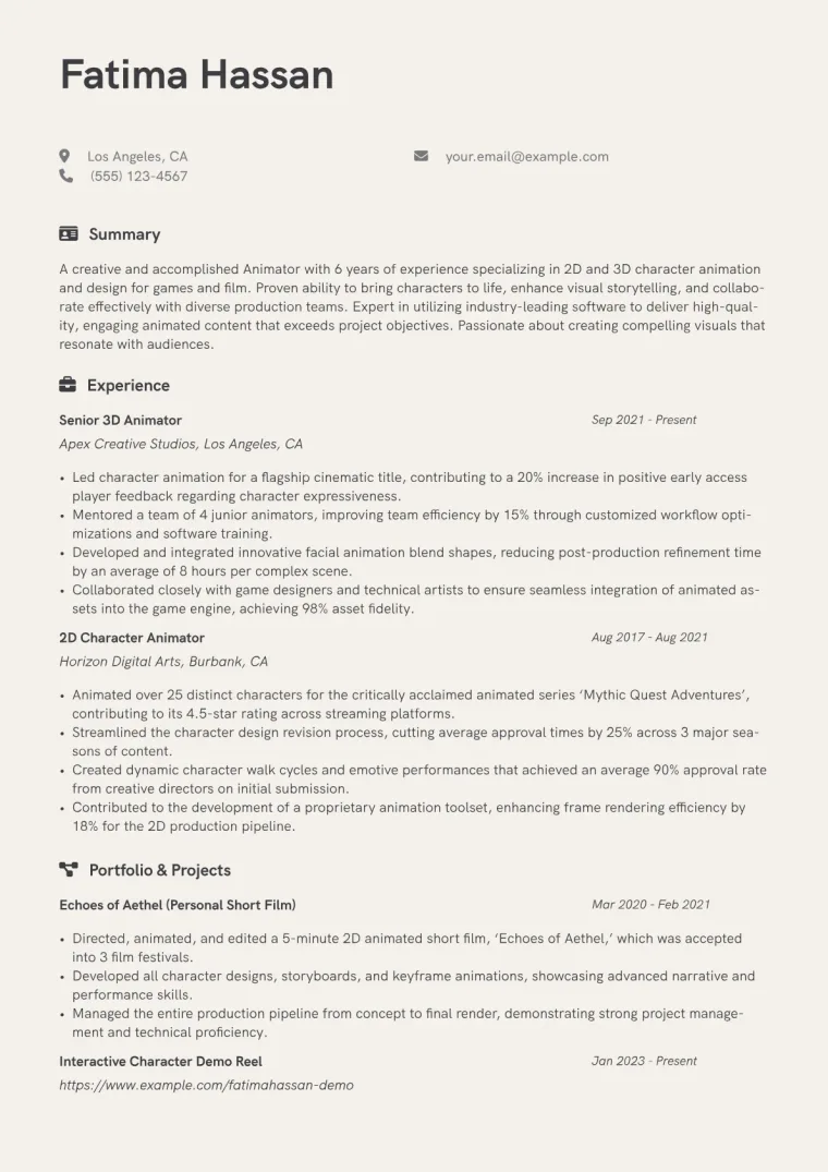 Animator Resume Example CV template preview
