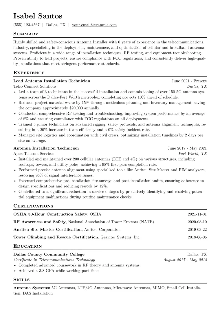 Antenna Installer Resume Example CV template preview
