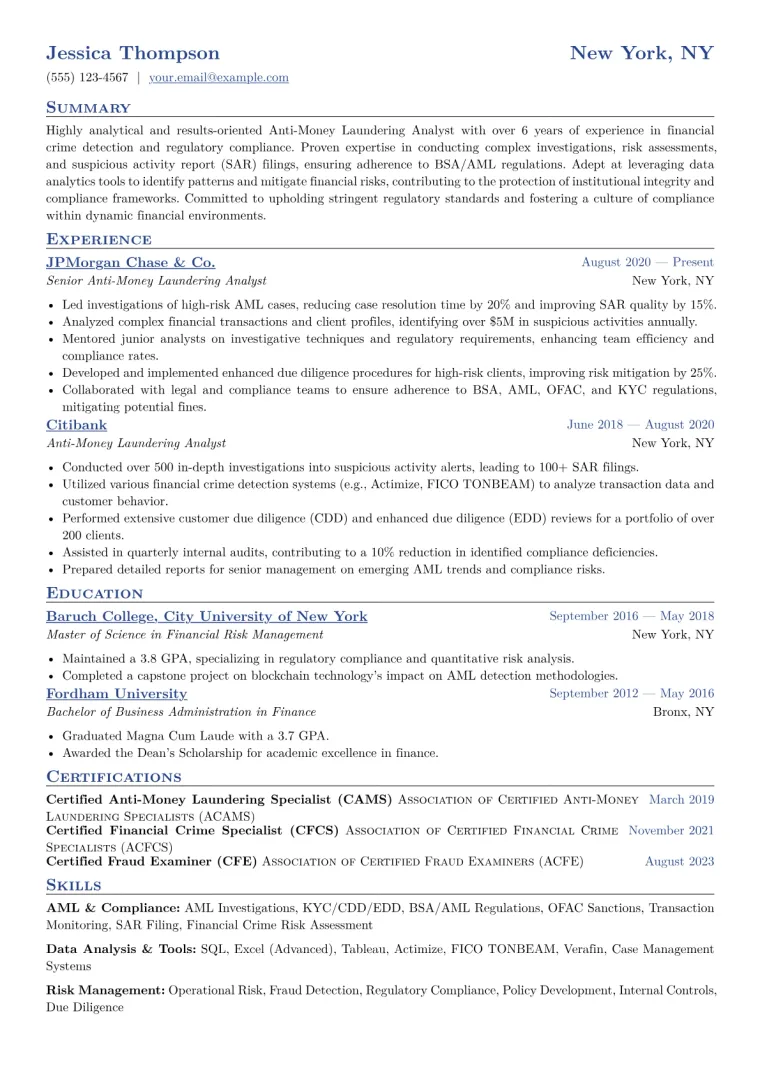 Anti-Money Laundering Analyst Resume Example CV template preview