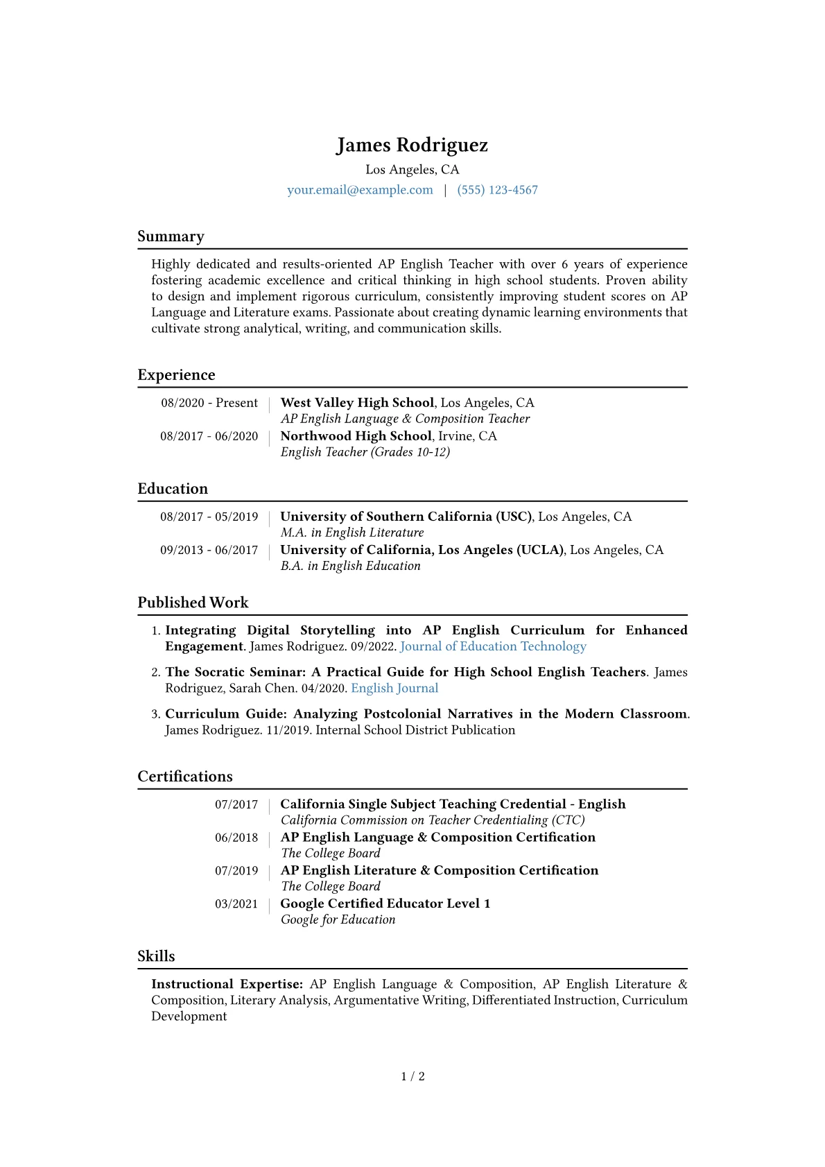AP English Teacher Resume Example CV template - Page 1