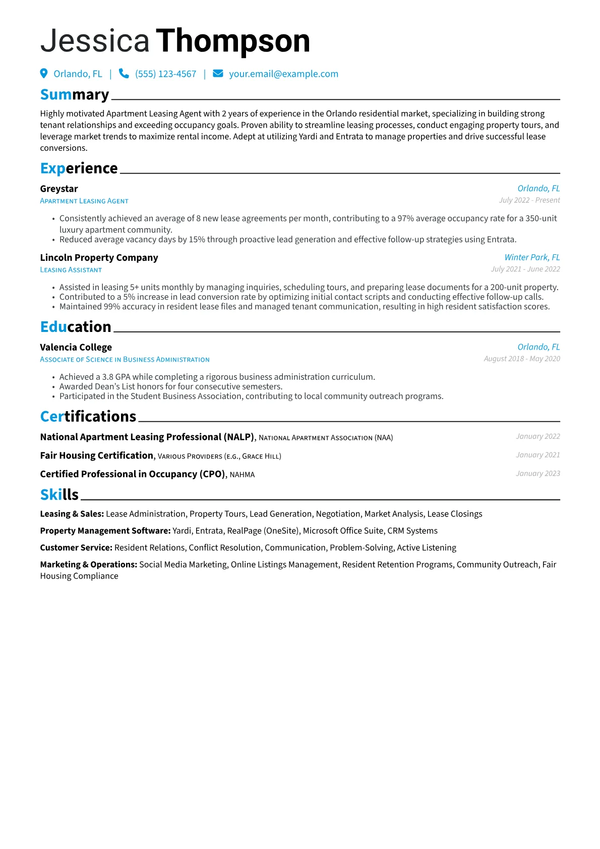 Apartment Leasing Agent Resume Example CV template - Page 1