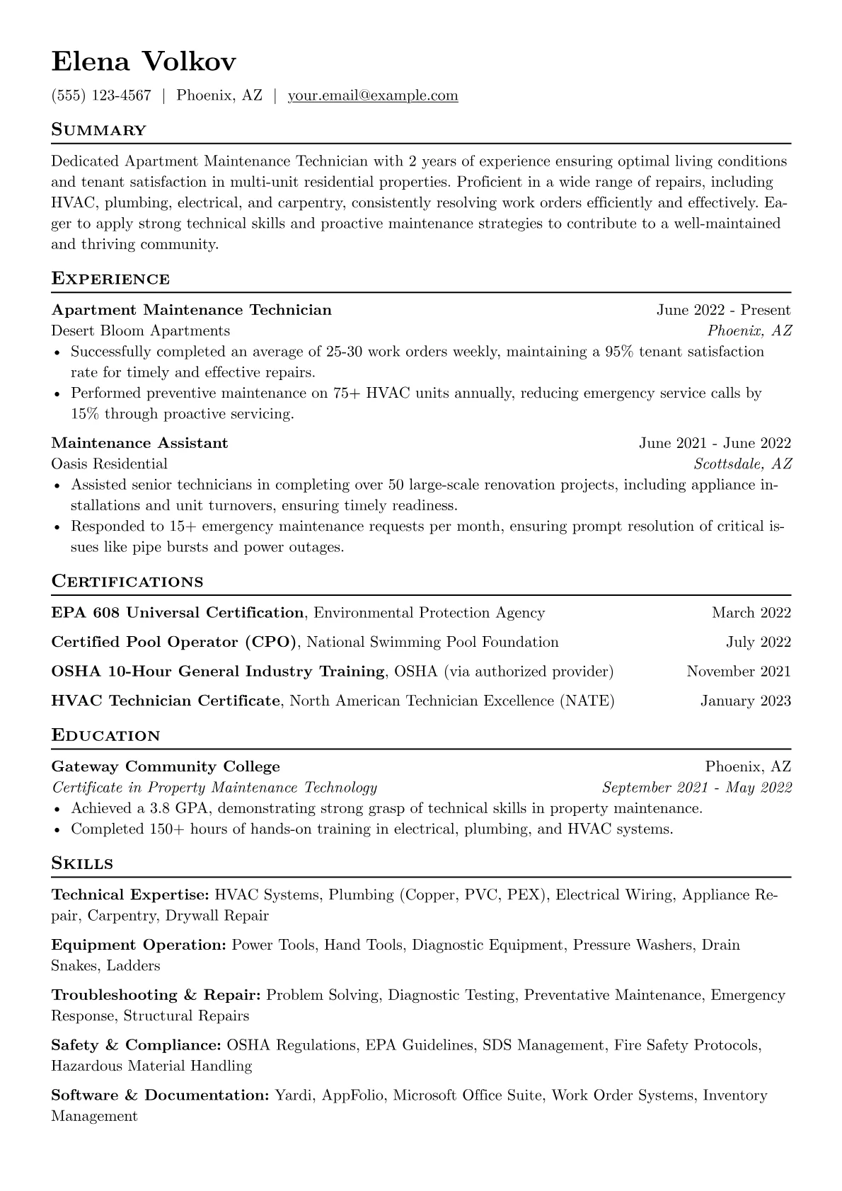 Apartment Maintenance Technician Resume Example CV template - Page 1