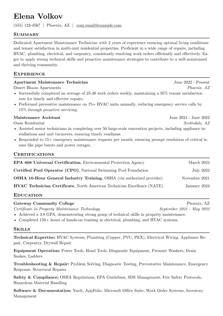Apartment Maintenance Technician Resume Example CV template preview