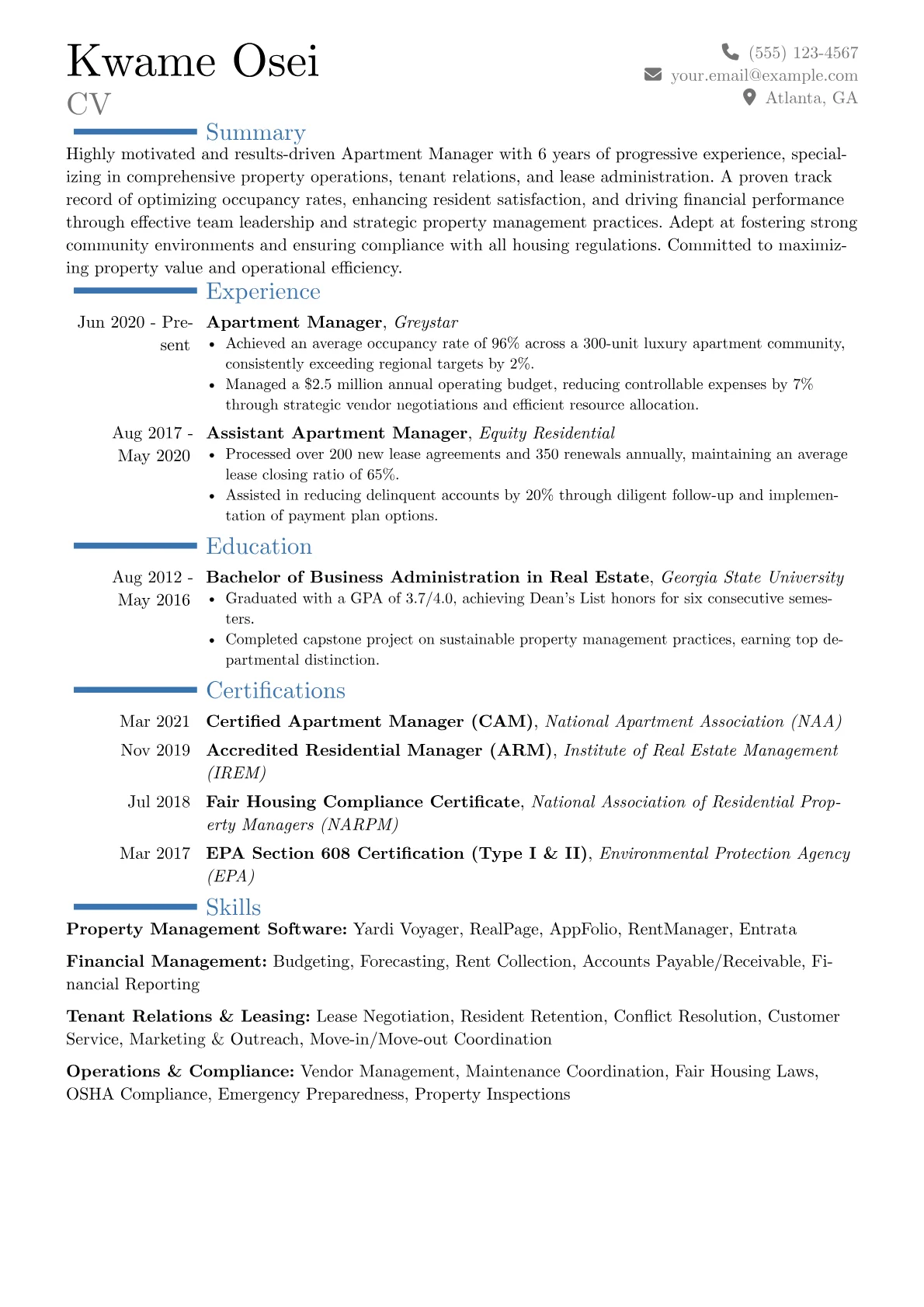 Apartment Manager Resume Example CV template - Page 1