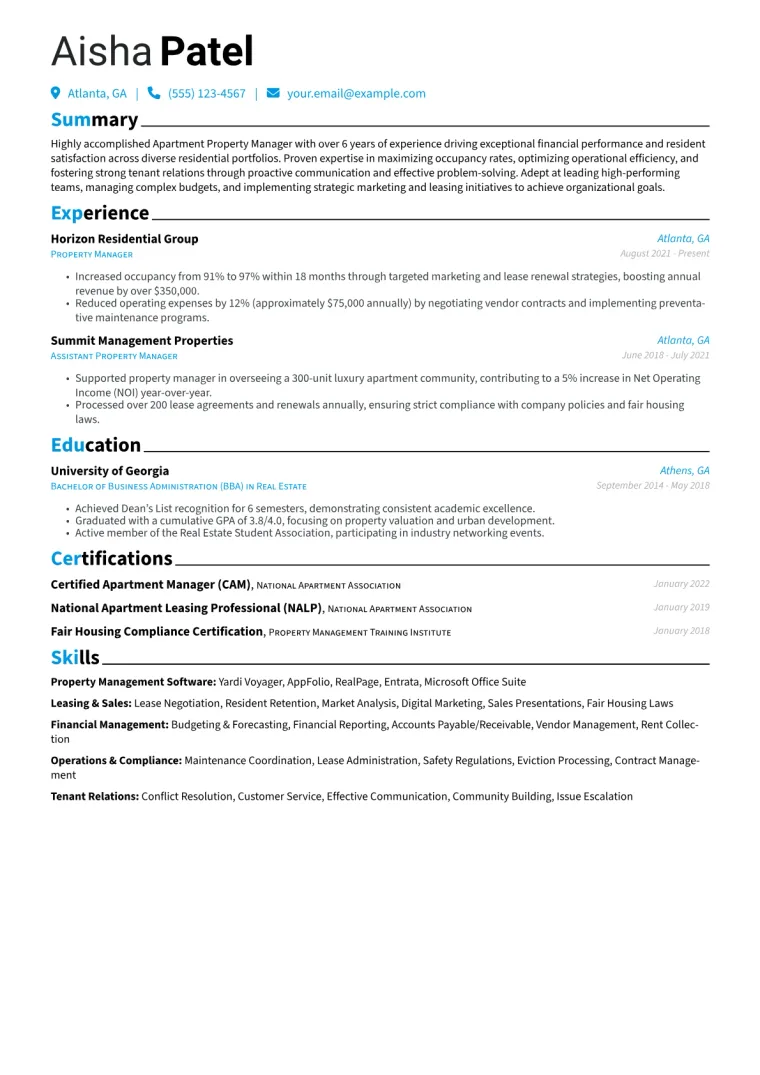 Apartment Property Manager Resume Example CV template preview
