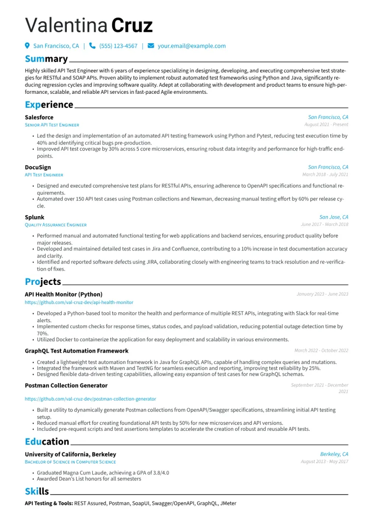 API Test Engineer Resume Example CV template preview
