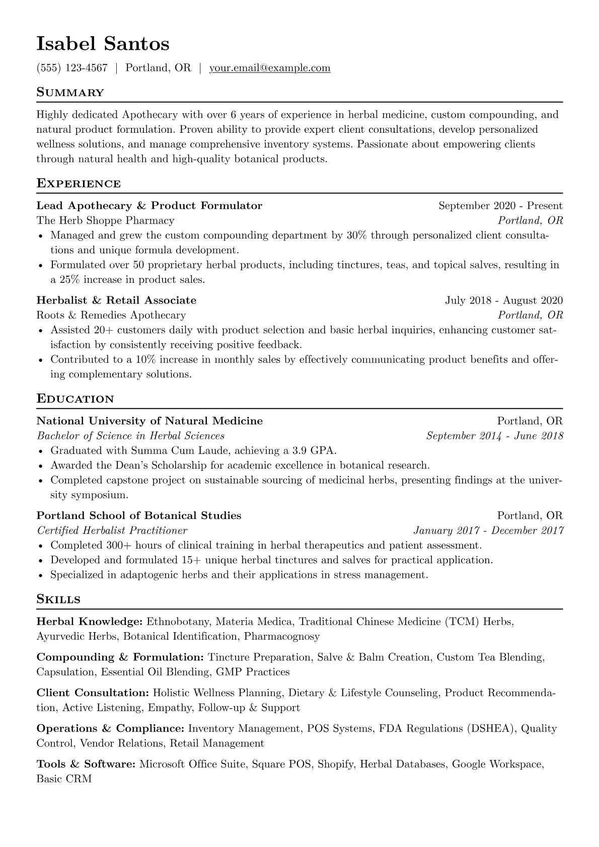 Apothecary Resume Example CV template - Page 1
