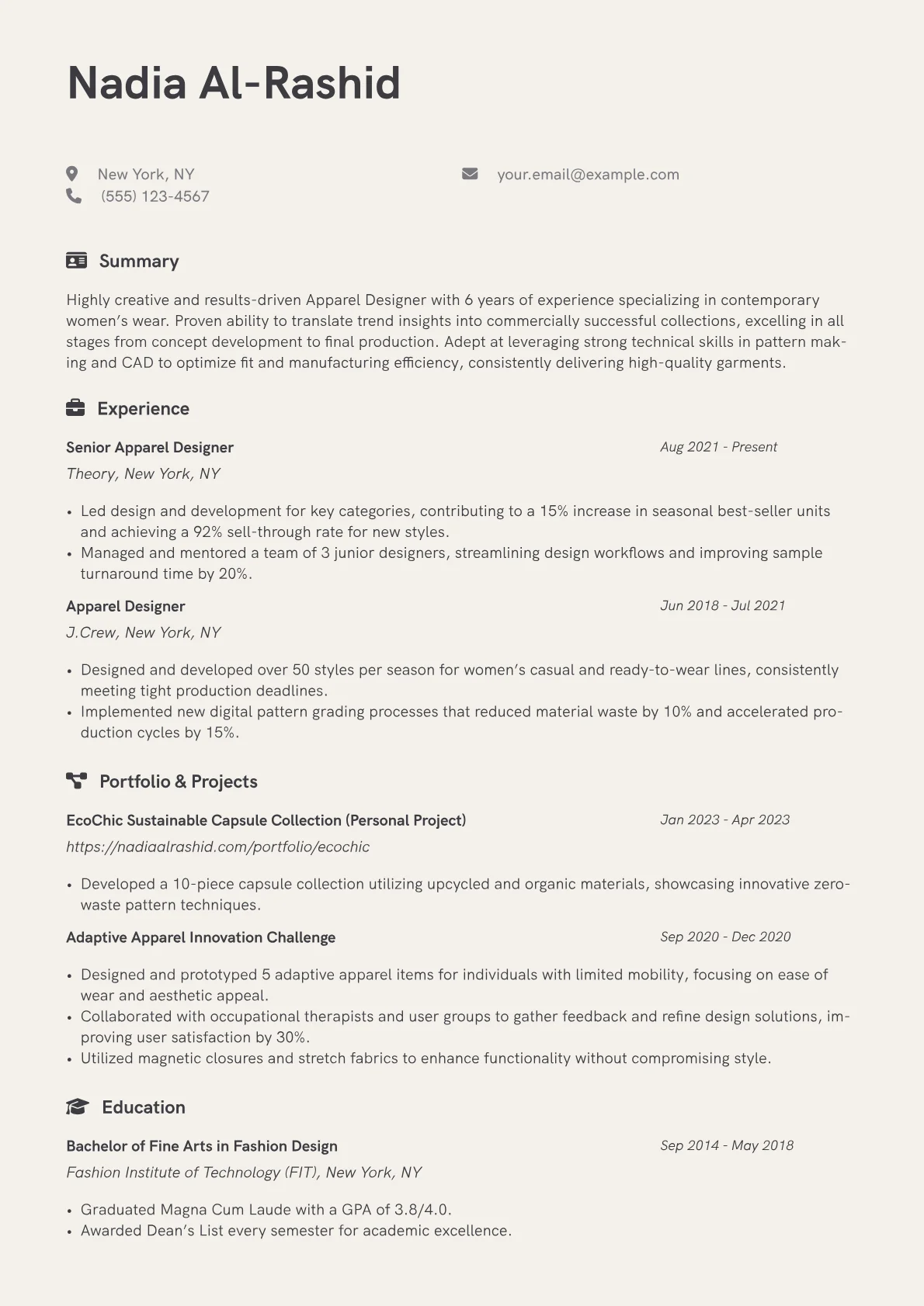 Apparel Designer Resume Example CV template - Page 1