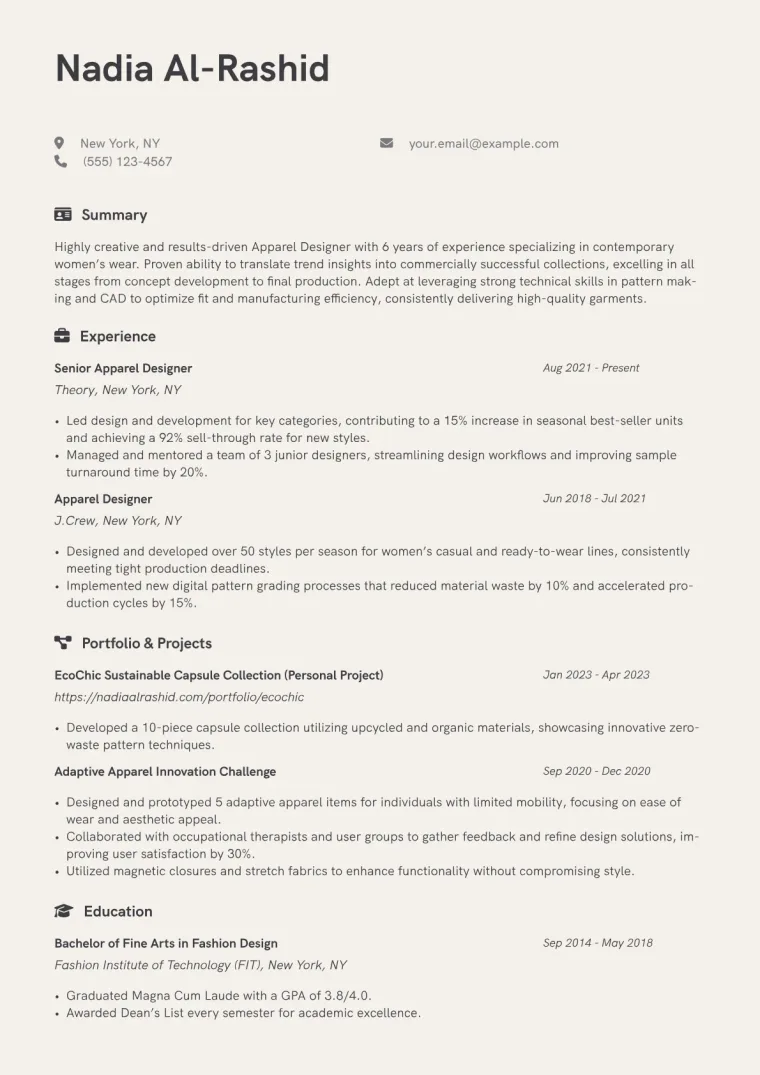 Apparel Designer Resume Example CV template preview