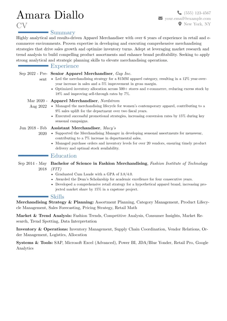 Apparel Merchandiser Resume Example CV template preview