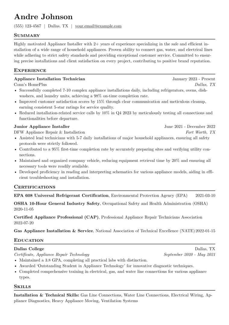 Appliance Installer Resume Example CV template preview