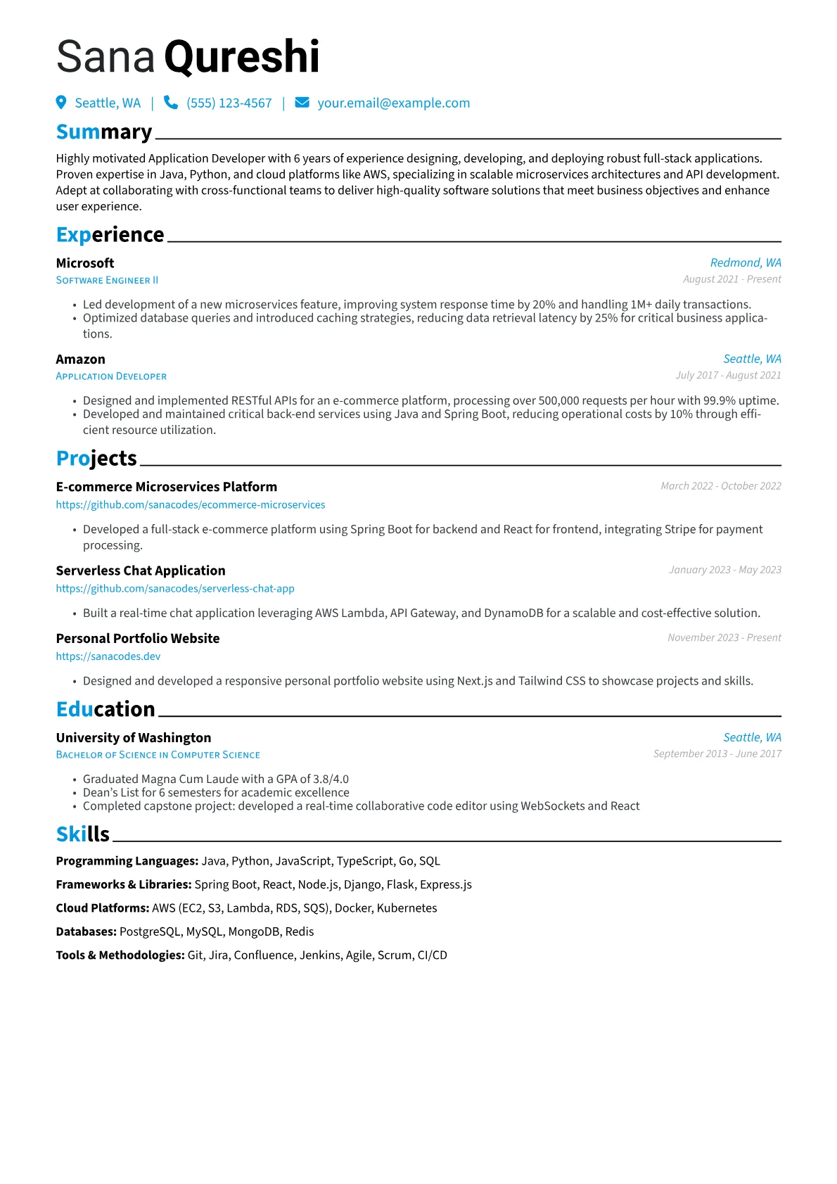 Application Developer Resume Example CV template - Page 1