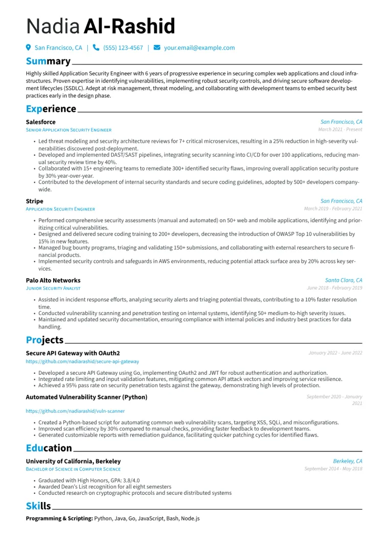 Application Security Engineer Resume Example CV template preview