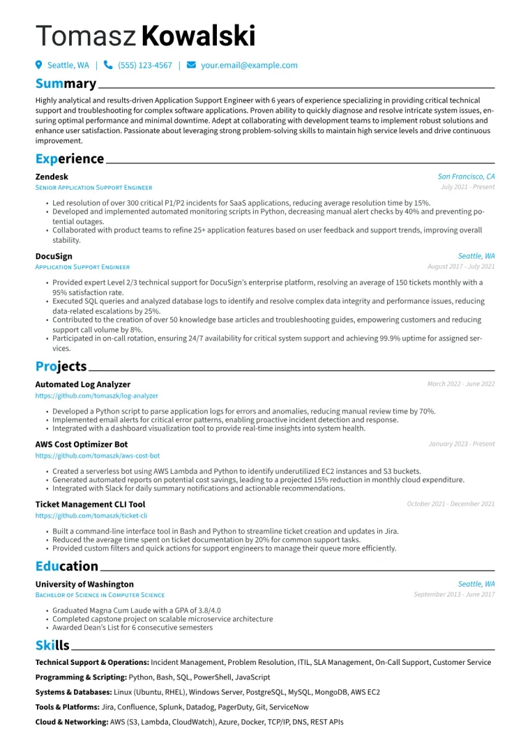 Application Support Engineer Resume Example CV template preview