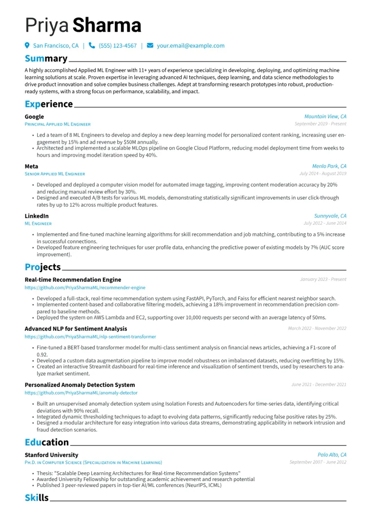 Applied ML Engineer Resume Example CV template preview