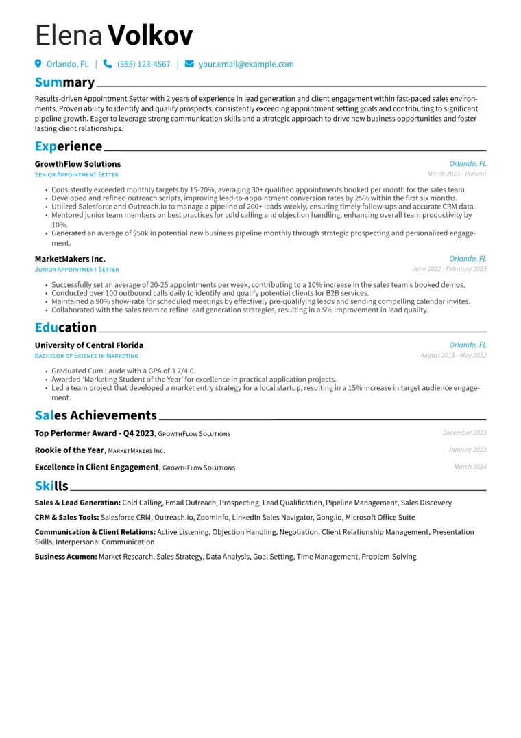 Appointment Setter Resume Example CV template preview