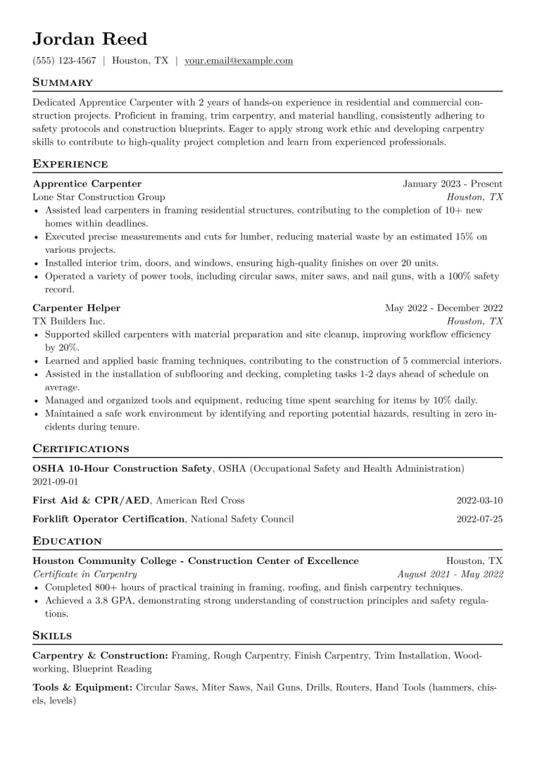 Apprentice Carpenter Resume Example CV template preview